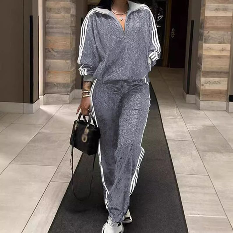 Women Fashion Plus Size Sequin Zipper Long Sleeve Top Pants Two-Piece Set