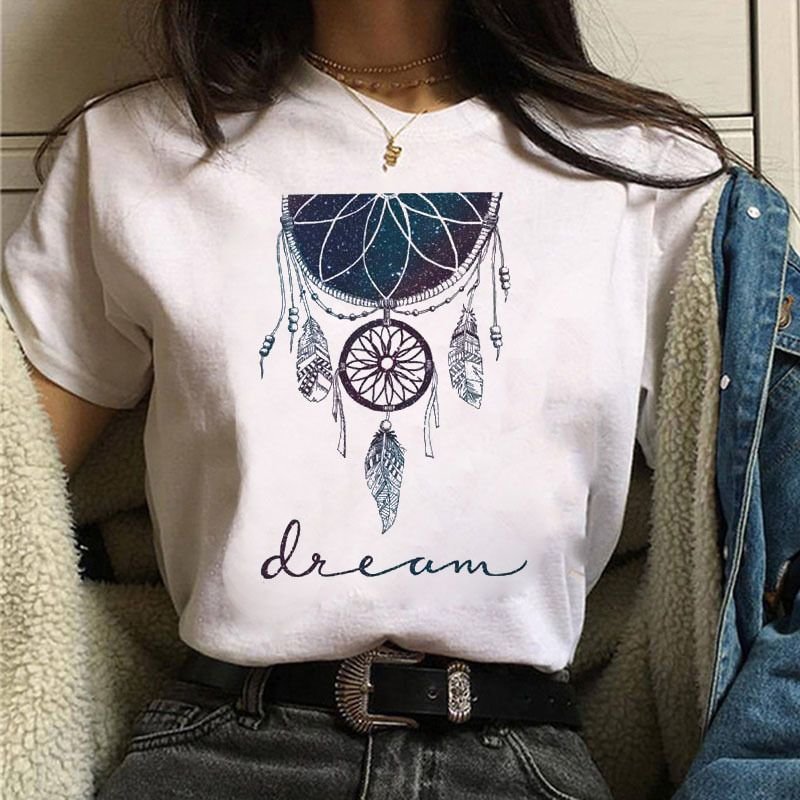 Women Fashion Dream Catcher Printed Round Neck Short Sleeve T-Shirt