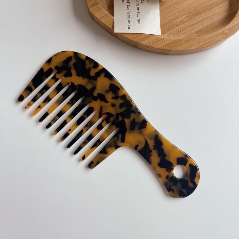 Women'S Simple Wide Tooth With Handle Acetate Plate Marble Pattern Hairdressing Comb