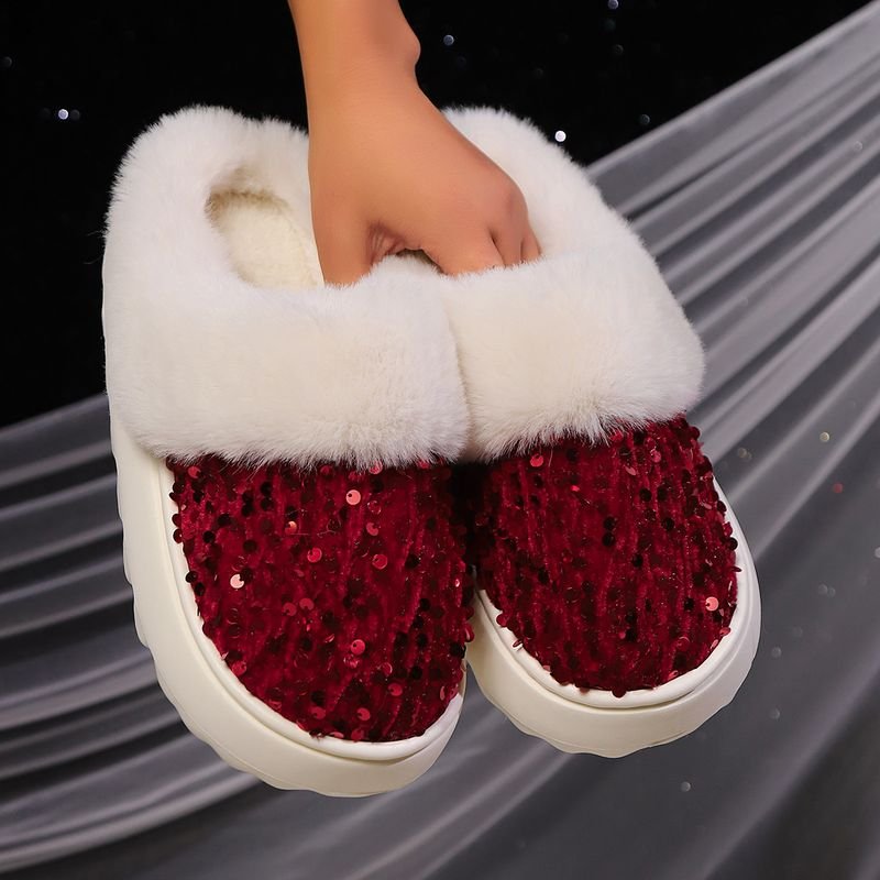 Autumn Winter Women Fashion Plus Size Sequins Plush Thick-Soled Home Slippers