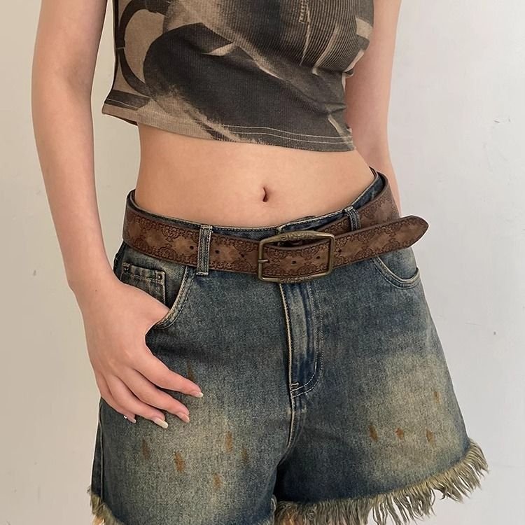 Women Retro Y2K Ethnic Pattern PU Belt