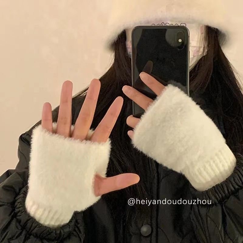Autumn And Winter Women Fashion Warm Non-Slip Half Finger Flip Touch Screen Gloves