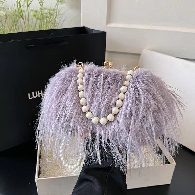 Women Fashion Plush Pearl Chain Crossbody Bag