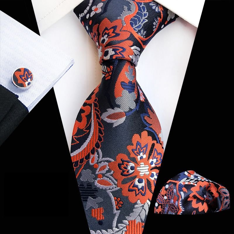 Men Vintage Paisley Flower Printed Tie Pocket Square And Cufflinks Set