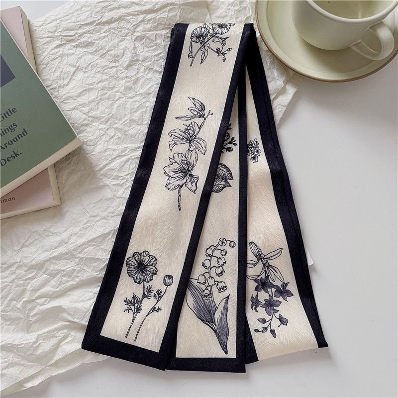 Women Fashion Simple Fresh Floral Print Long Thin Narrow Silk Scarf