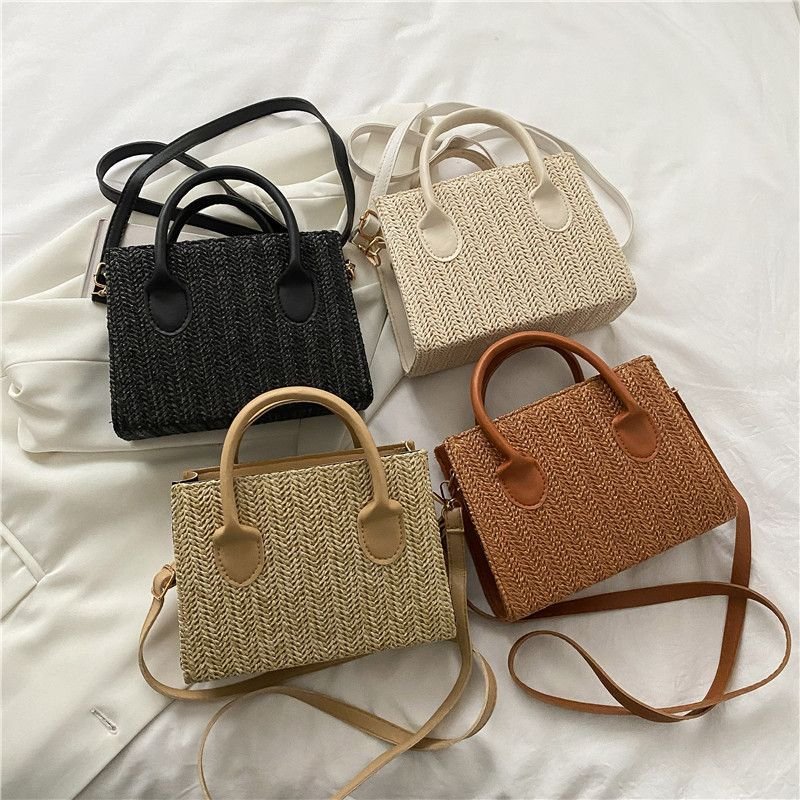 Women Simple Fashionable Straw Woven Large Capacity Square Handle Shoulder Bag