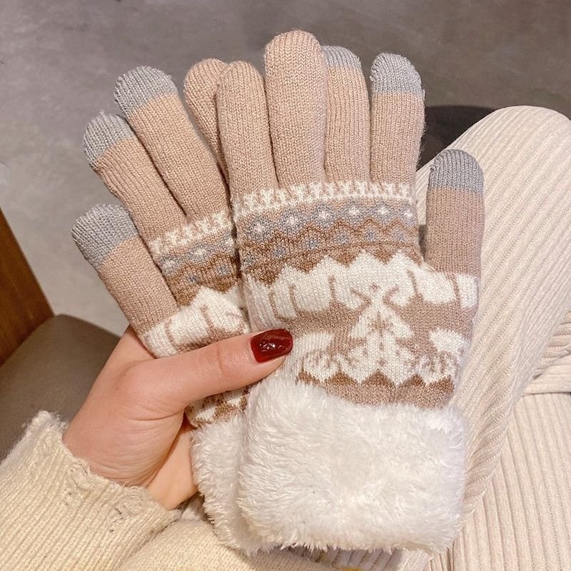 Autumn Winter Women Cute Christmas Elk Fleece-Lined Thickened Warm Touch Screen Gloves