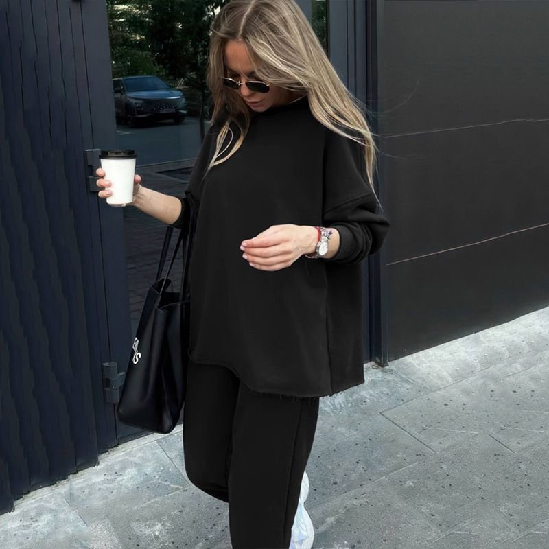 Casual Athleisure Women Fall Winter Sports Solid Color Long-Sleeved Top Fashionable Elastic Pants Two-Piece Set
