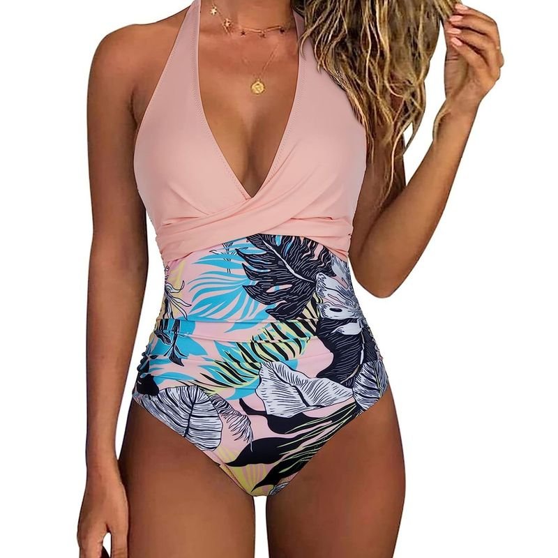 Women Fashion Sexy Deep V Leopard Print Backless One-Piece Swimsuit