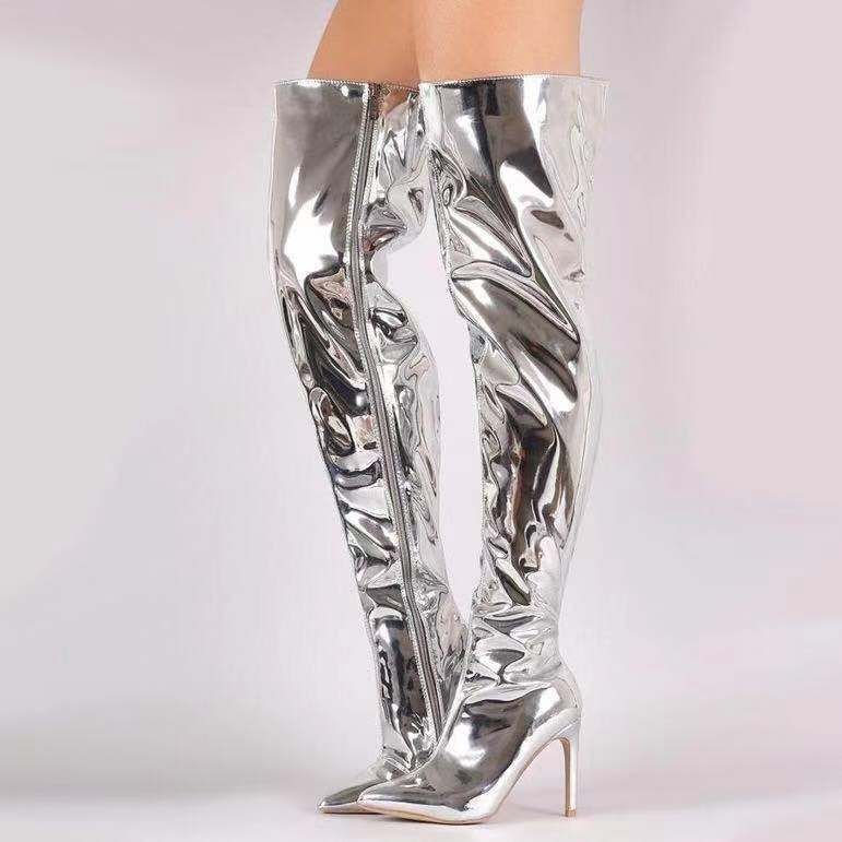 Women Fashion Plus Size Sexy Mirror Patent Leather Pointed Toe Stiletto Heel Over-The-Knee Boots