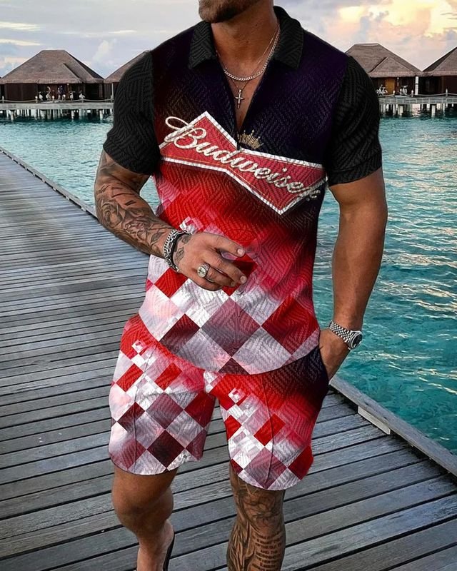 Men Fashion Casual Tiny Flower 3D Print Plus Size Short Sleeve Lapel POLO Shirt Shorts Set