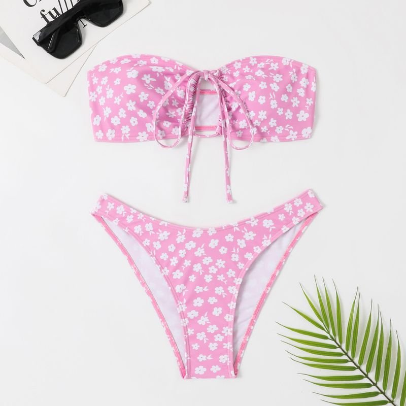 Summer Women Fashion Sexy Floral Print Tube Top Lace Bikini Swimsuit Set