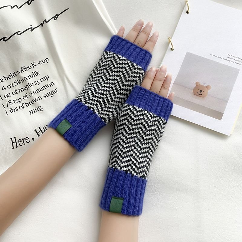 Women Fashion Christmas Snowflake Stripe Warm Knitted Half Finger Gloves