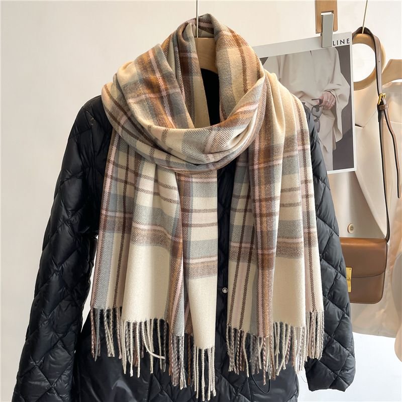Autumn Winter Women Fashion Plaid Thickened Warm Tassel Scarf