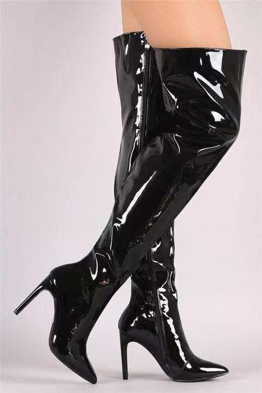 Women Fashion Plus Size Sexy Mirror Patent Leather Pointed Toe Stiletto Heel Over-The-Knee Boots