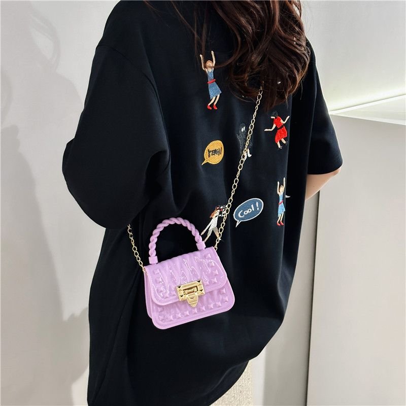 Women Fashion Solid Color Mini Lock Chain Crossbody Bag