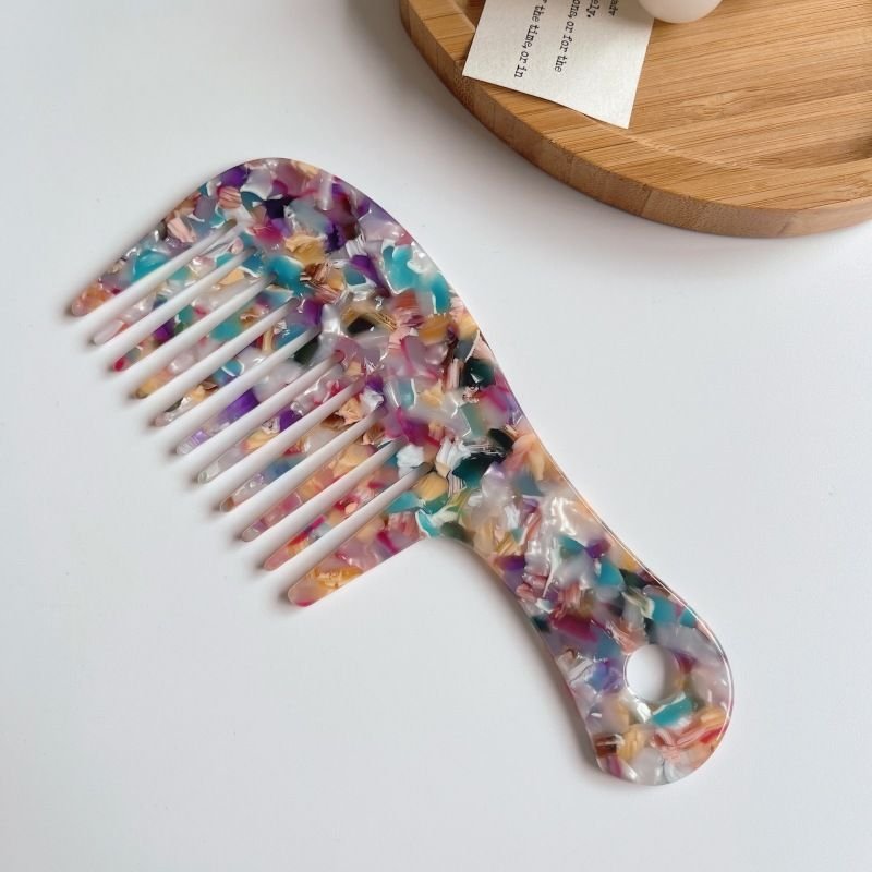 Women'S Simple Wide Tooth With Handle Acetate Plate Marble Pattern Hairdressing Comb
