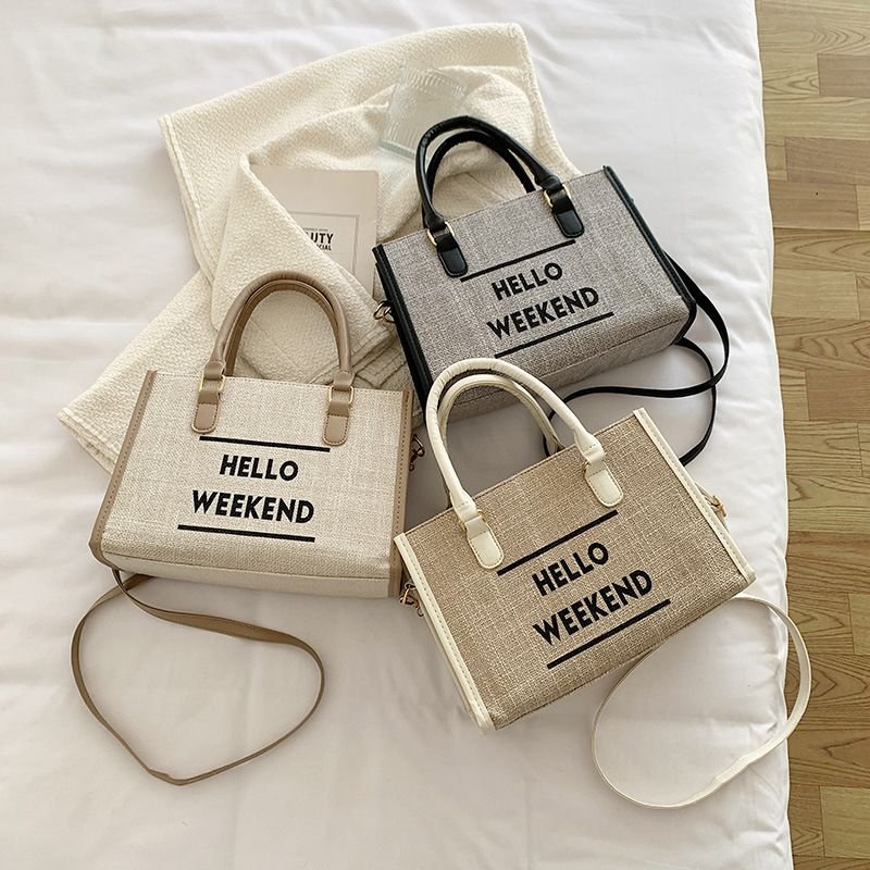 Women Simple Large Capacity Letter Print Canvas Handle Shoulder Bag