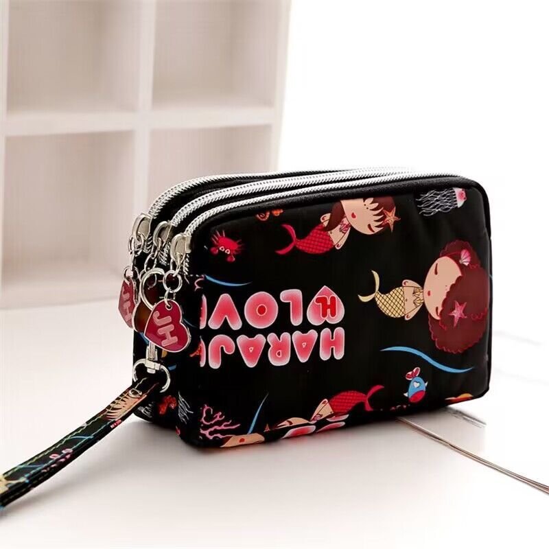Women Fashion Solid Color Frosted Three-Layer Zipper Storage Purses