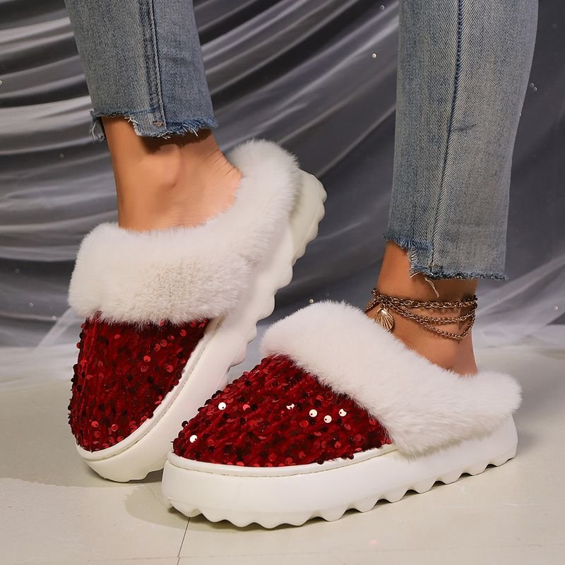 Autumn Winter Women Fashion Plus Size Sequins Plush Thick-Soled Home Slippers