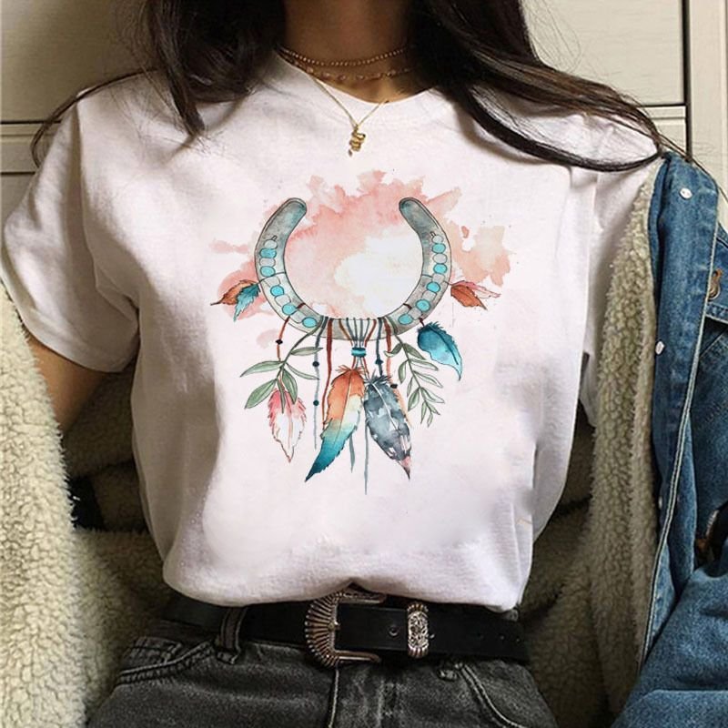 Women Fashion Dream Catcher Printed Round Neck Short Sleeve T-Shirt