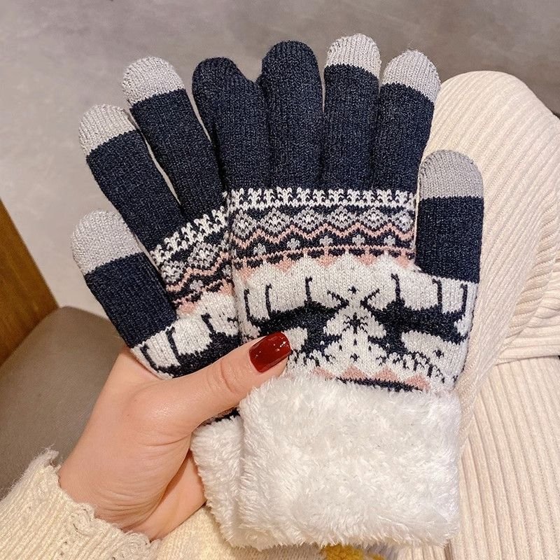 Autumn Winter Women Cute Christmas Elk Fleece-Lined Thickened Warm Touch Screen Gloves