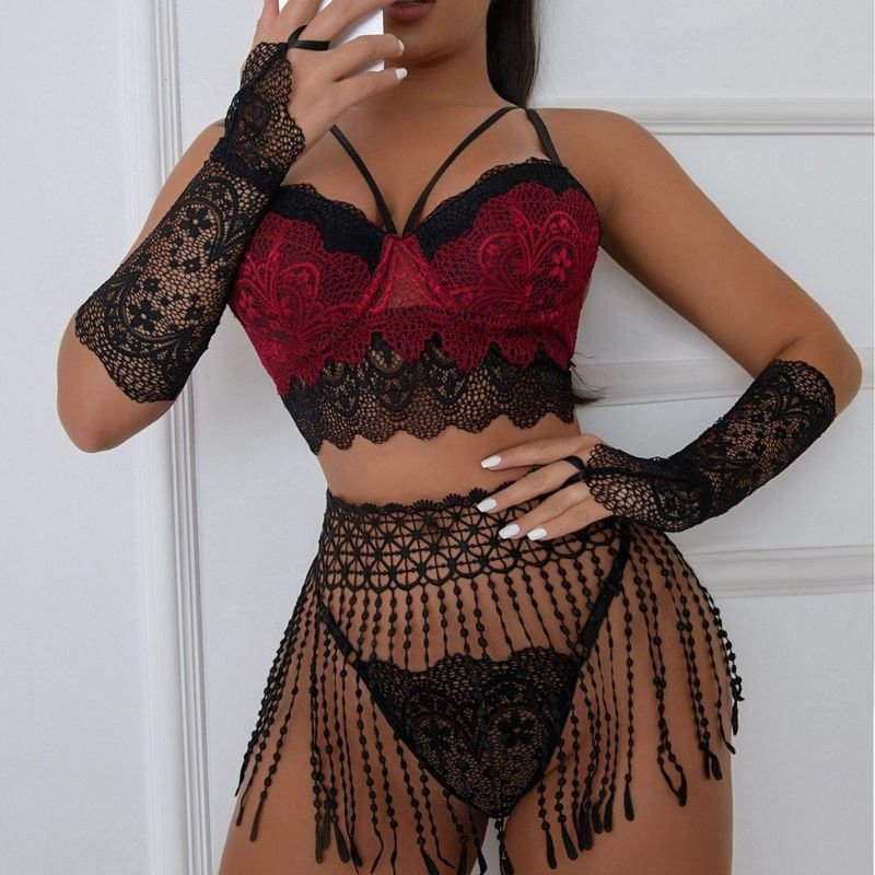 Women Fashion Sexy Lace Hollow Tassel Sexy Underwear Three-Piece Set