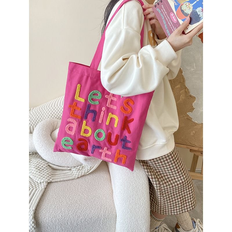 Women Simple Letter Embroidered Large Capacity Canvas Shopping Tote Bag