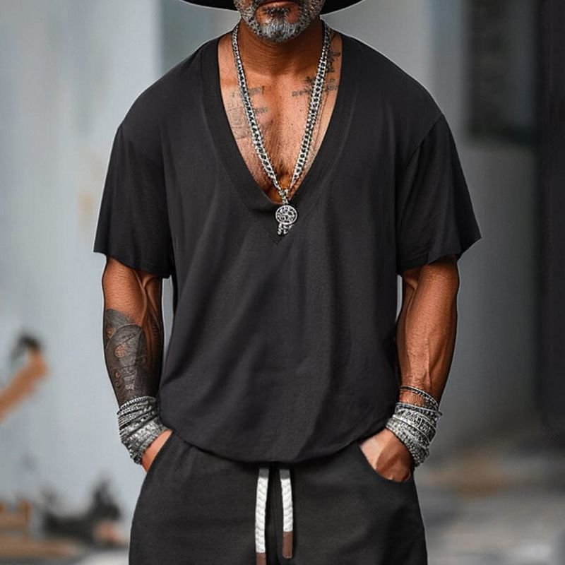 Men Fashion Casual Solid Color Short Sleeve V Neck T-Shirt Shorts Sets