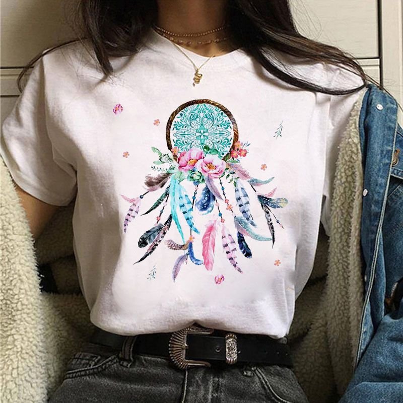 Women Fashion Dream Catcher Printed Round Neck Short Sleeve T-Shirt