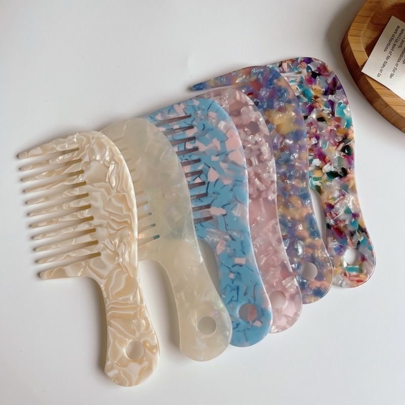 Women'S Simple Wide Tooth With Handle Acetate Plate Marble Pattern Hairdressing Comb