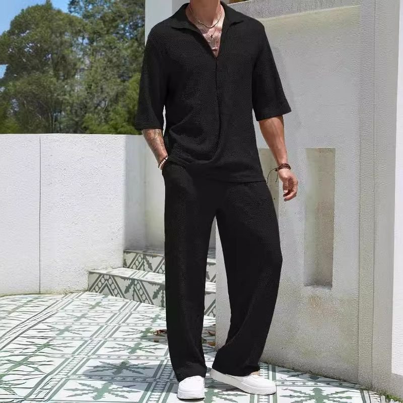 Men Casual Solid Color Short-Sleeved Shirt Trousers Two-Piece Casual Set