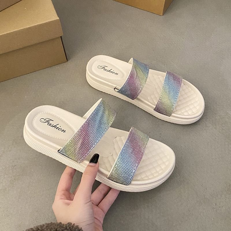 Women Fashion Multicolor Rhinestone Flat Slippers