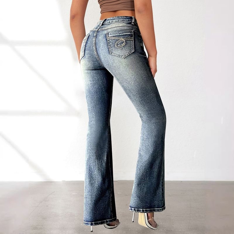 Women High Stretch Pocket Embroidered Vintage Jeans Slim Fit Flare Denim Pants