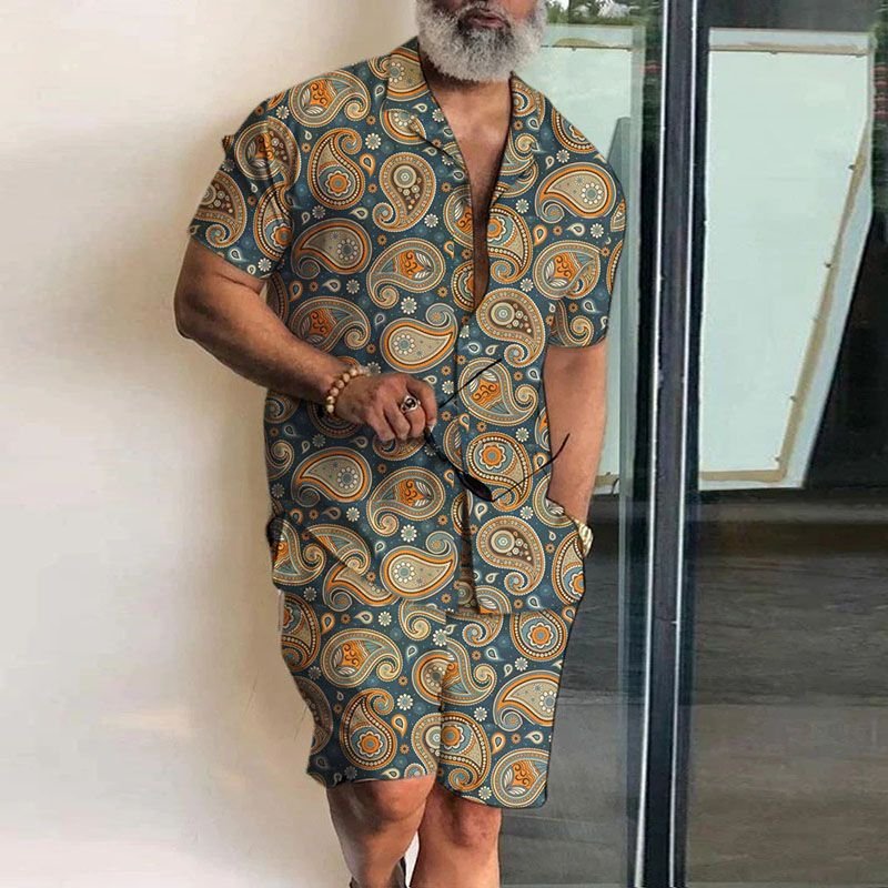 Men Casual Lapel Short-Sleeved Printed Loose Shirt And Shorts Two-Piece Set