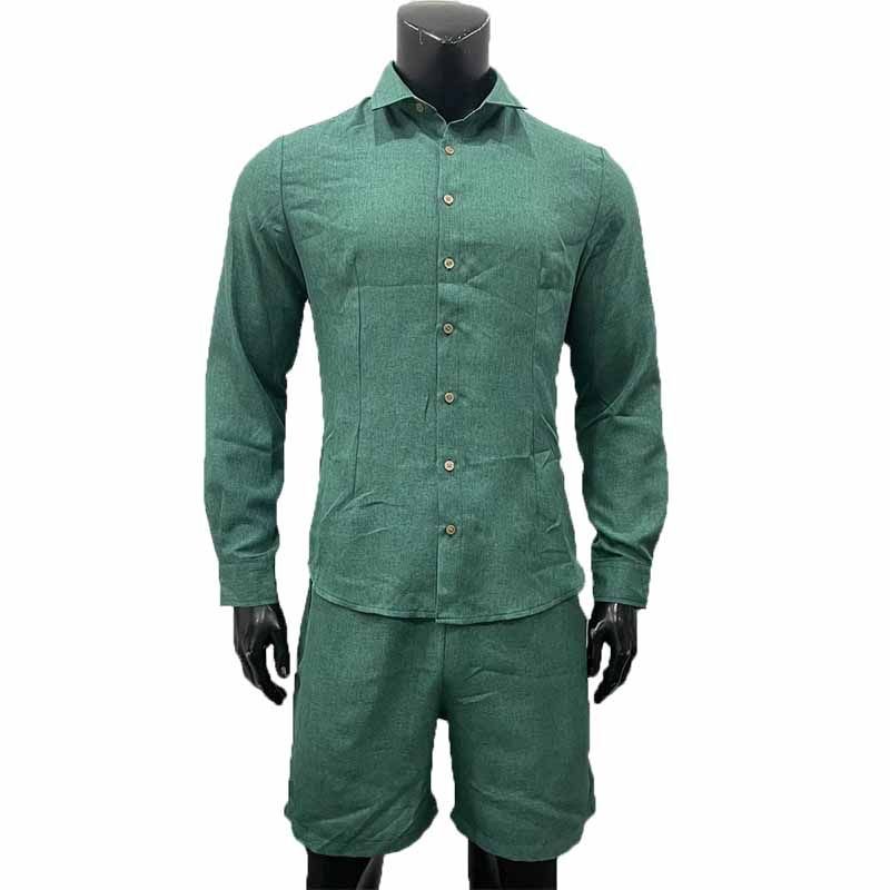 Men Fashion Casual Solid Color Long Sleeve Lapel Shirts Shorts Sets