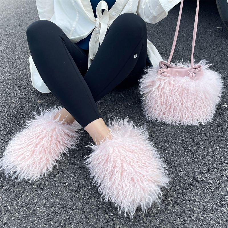 Plus Size Women Fashion Plush Solid Color Flat Slipper Shoulder Bag Set