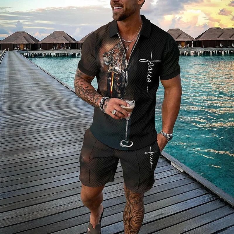 Men Fashion Casual Tiny Flower 3D Print Plus Size Short Sleeve Lapel POLO Shirt Shorts Set