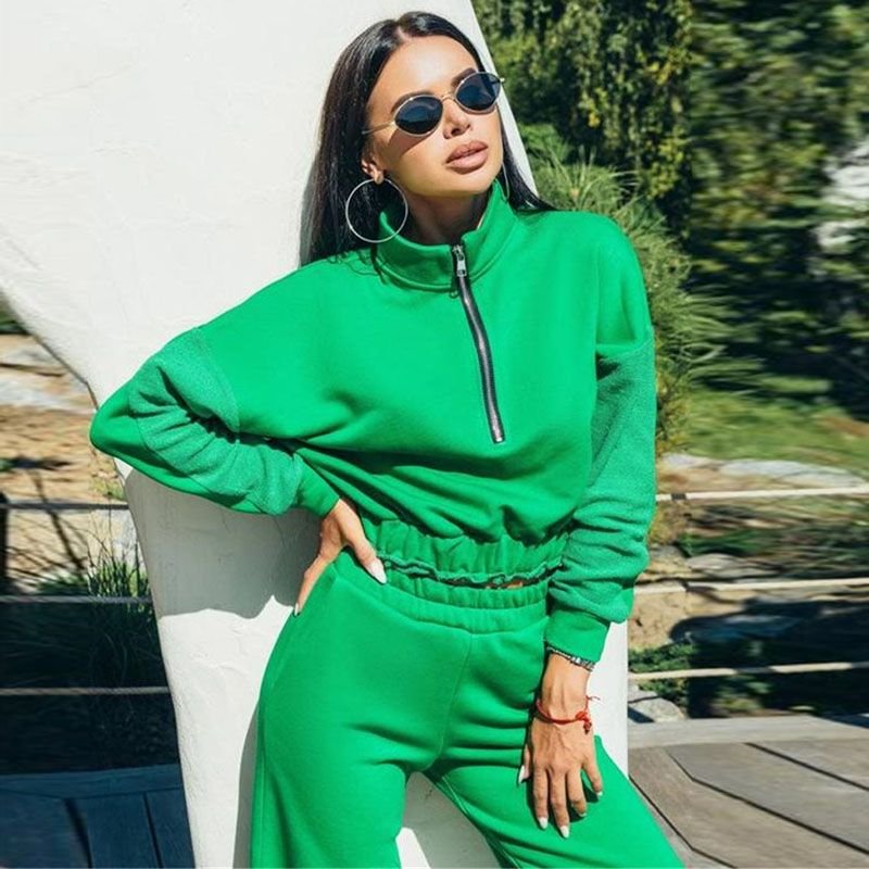 Autumn And Winter Athleisure Women Fashion Sports Casual Zipper Sweatshirt Pants Two-Piece Set