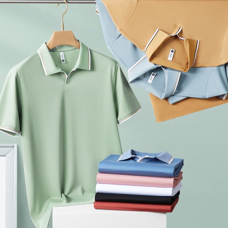 Men Summer High-End Silk Blended Short-Sleeved V Neck Polo Shirt Custom
