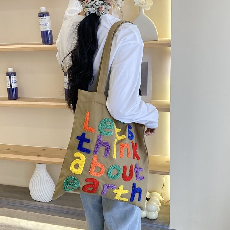 Women Simple Letter Embroidered Large Capacity Canvas Shopping Tote Bag