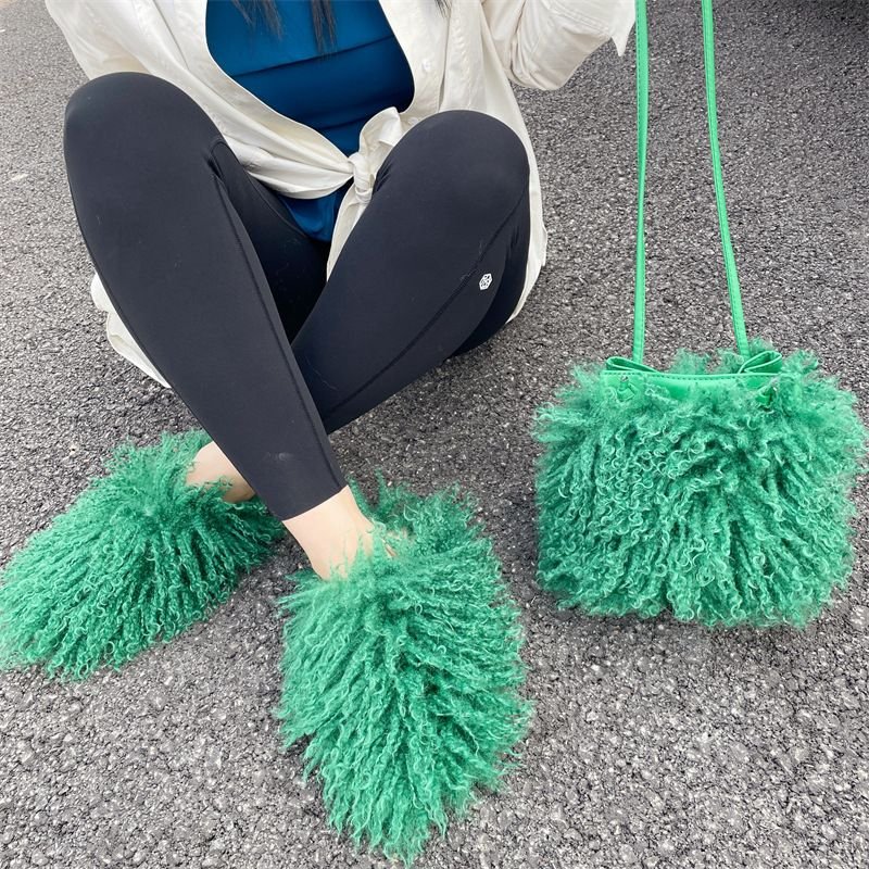 Plus Size Women Fashion Plush Solid Color Flat Slipper Shoulder Bag Set