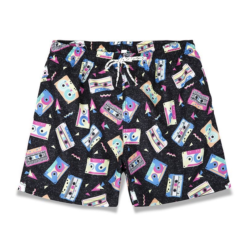 Men Casual Drawstring Waist Graphic Printed Color Blocking Shorts