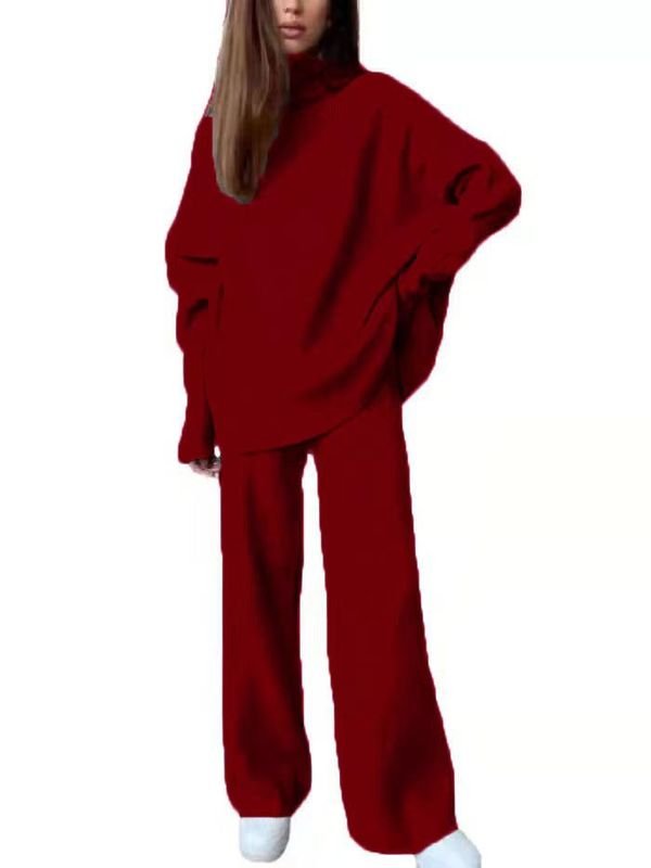 Women Fashion Loose Solid Color High Neck Knitted Long Sleeve Top Pants Two-Piece Set