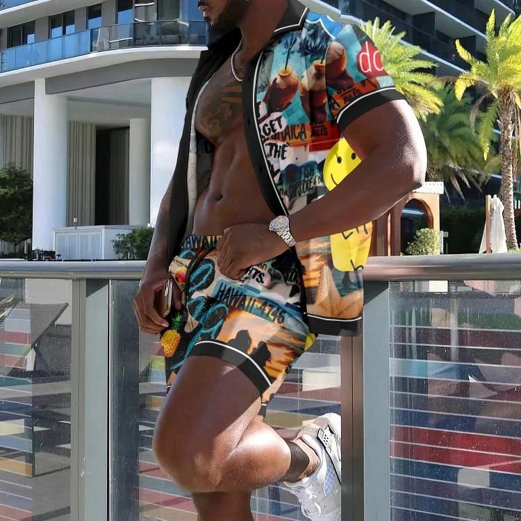 Men Fashion Casual Holiday Hawaii 3D Print Plus Size Short Sleeve Lapel Shirt Shorts Set
