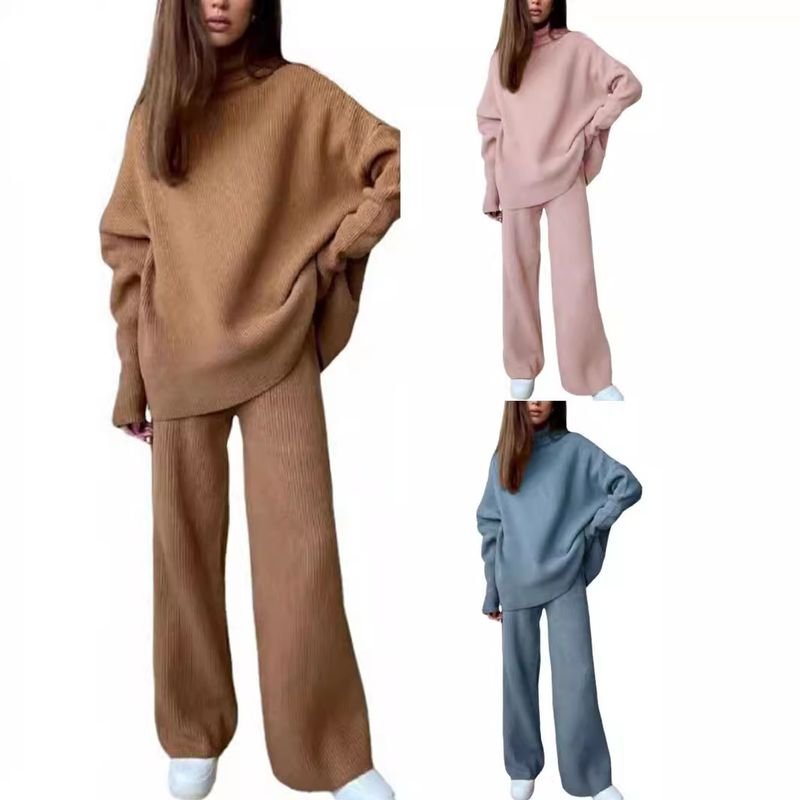 Women Fashion Loose Solid Color High Neck Knitted Long Sleeve Top Pants Two-Piece Set