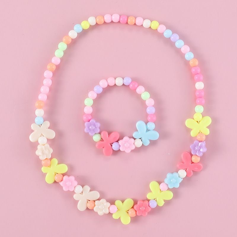 Kids Butterfly Style Acrylic Beaded Bracelet Necklace Set Jewelry