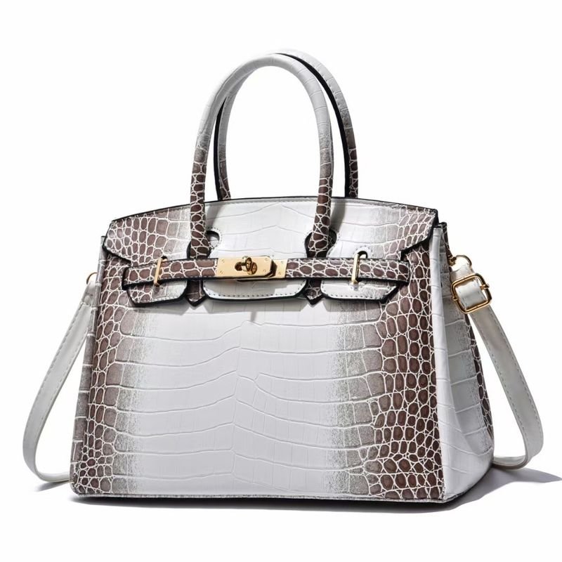 Women Fashion Bright Leather Crocodile-Print Large-Capacity Handle Shoulder Bag