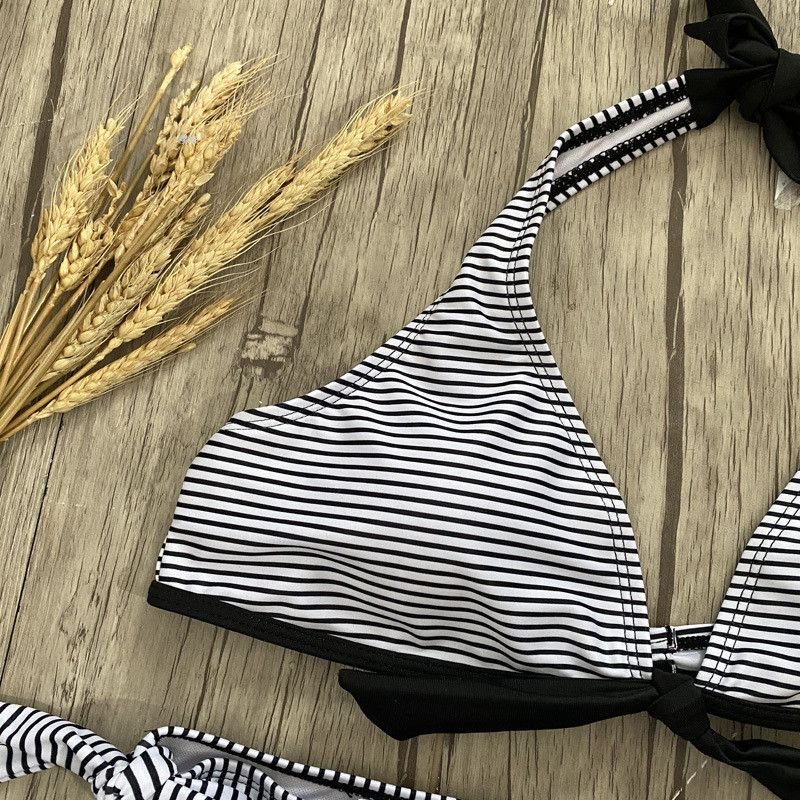 S-XL Women Sexy Striped Print Knotted Bikini Swimsuit