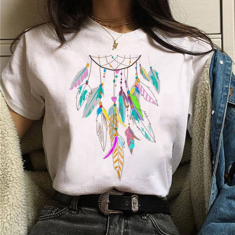 Women Fashion Dream Catcher Printed Round Neck Short Sleeve T-Shirt